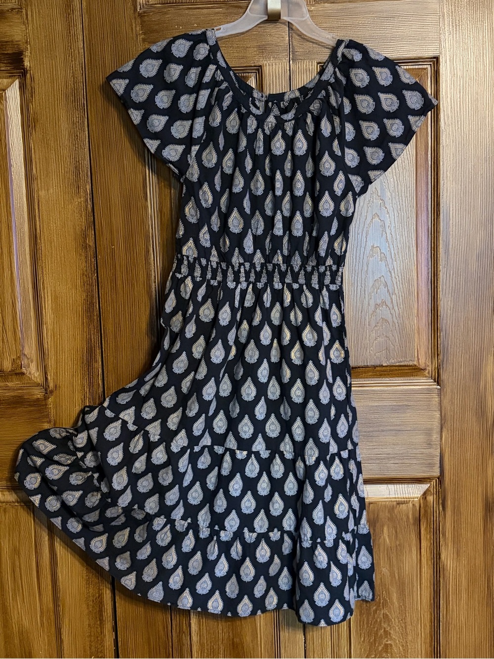 Mata Traders Black w/Grey & Gold Teardrop Shape Floral Pattern Dress 100% Cotton